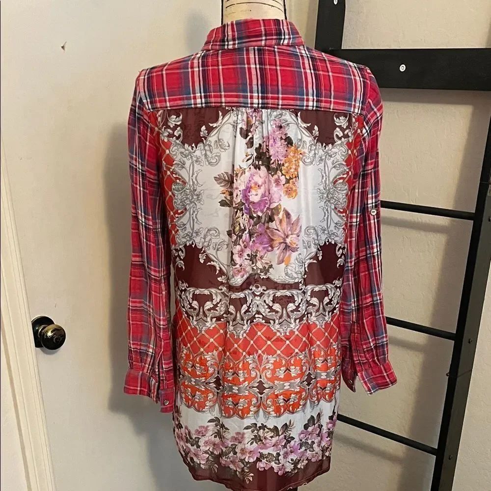 Aratta Silent Journey Red Plaid Floral Design Button-Up Mixed Media Shirt Boho
